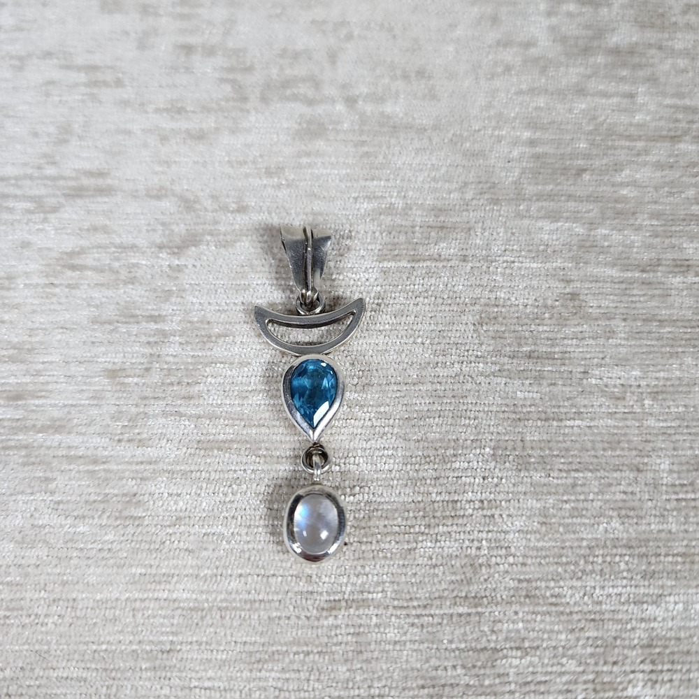 Sterling Silver Crescent Moon Pendant Topaz and Moon Stone Boho Goth Witchy